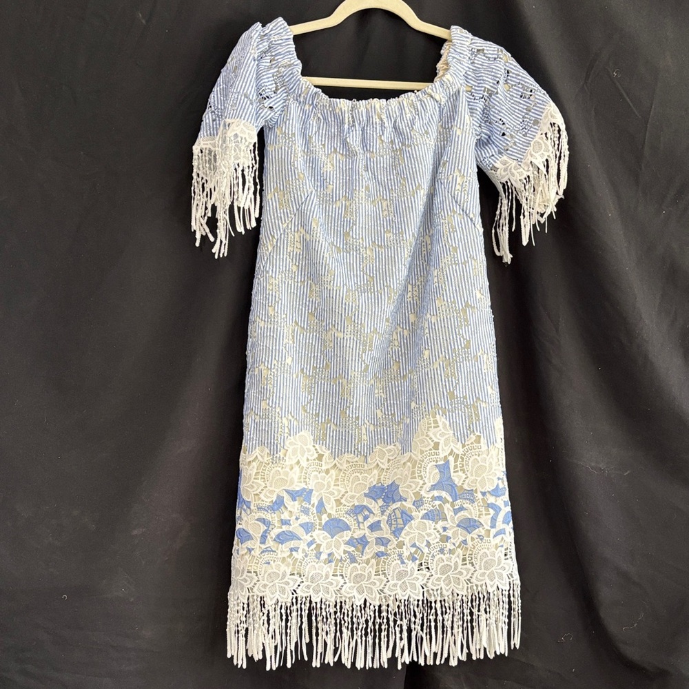 Eva Franco Cream and Blue Striped Dress